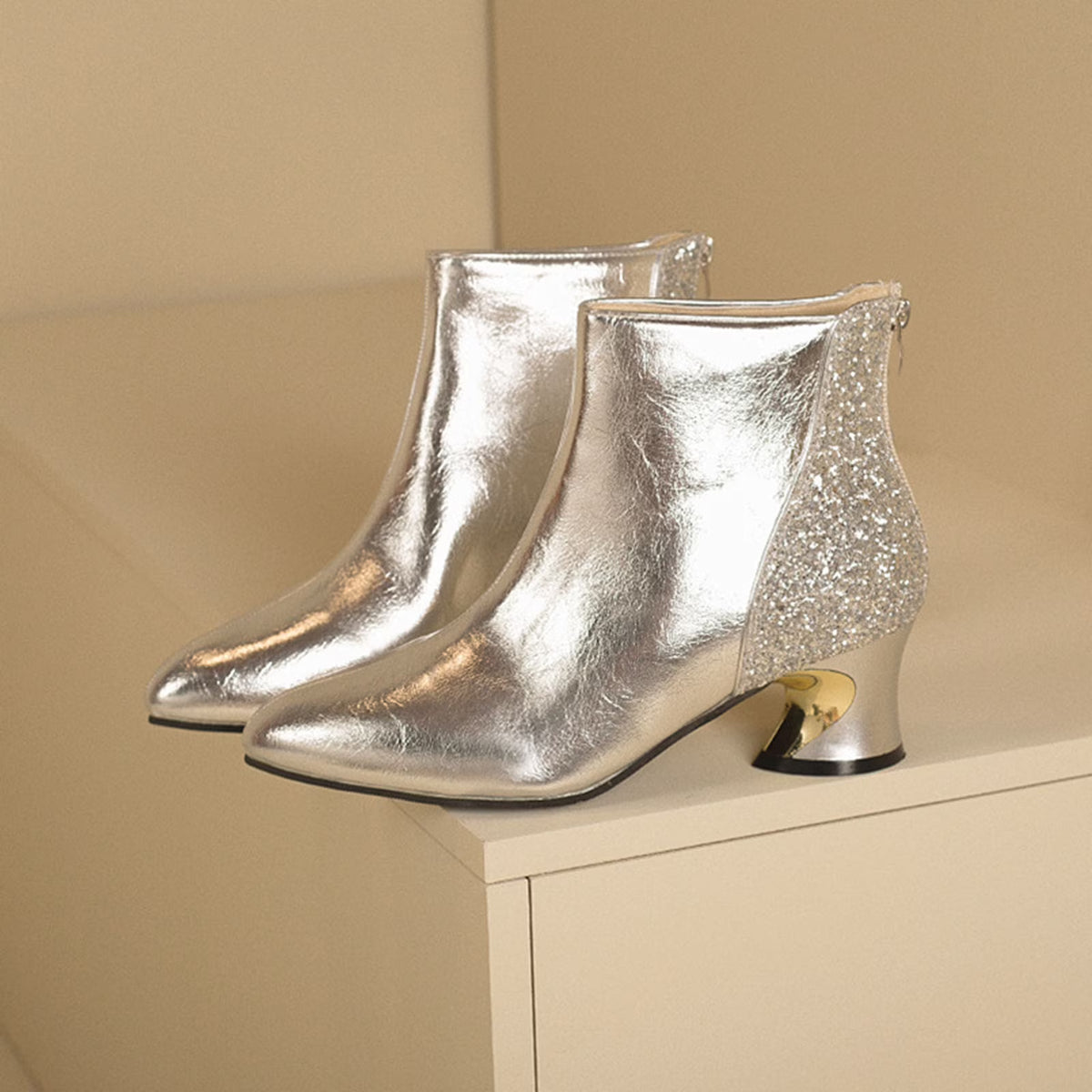Sable Women's Ankle Boots | Silver Metallic, Block Heel 1