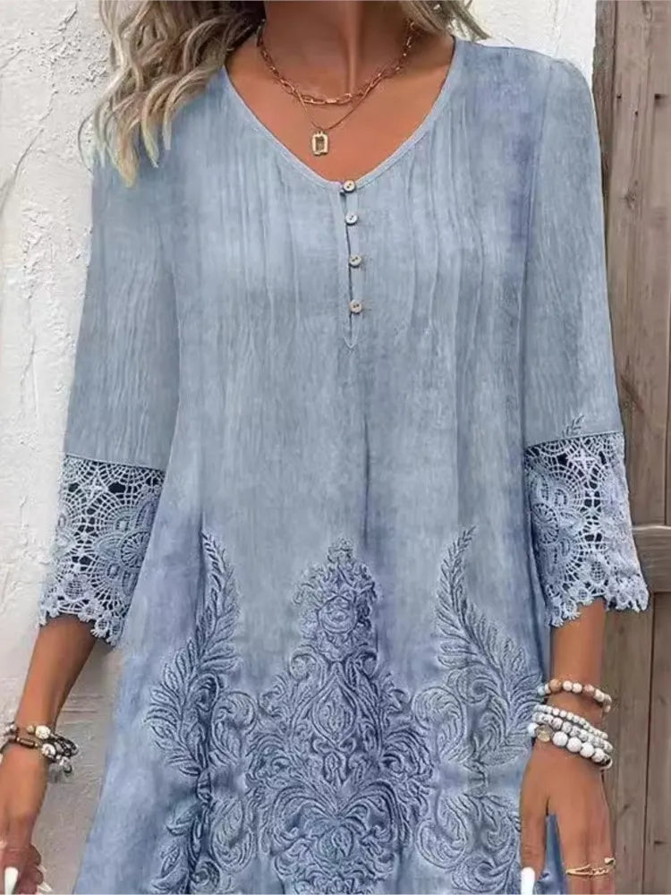 Sapphire Women's Midi Dress | 3/4 Sleeve, V-Neck Summer Style 0