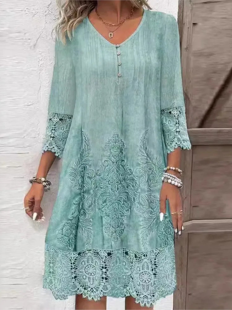 Sapphire Women's Midi Dress | 3/4 Sleeve, V-Neck Summer Style 1