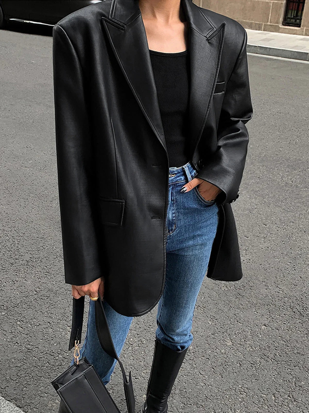 Sela Women's Oversized Blazer | Faux Leather, Relaxed Fit 2