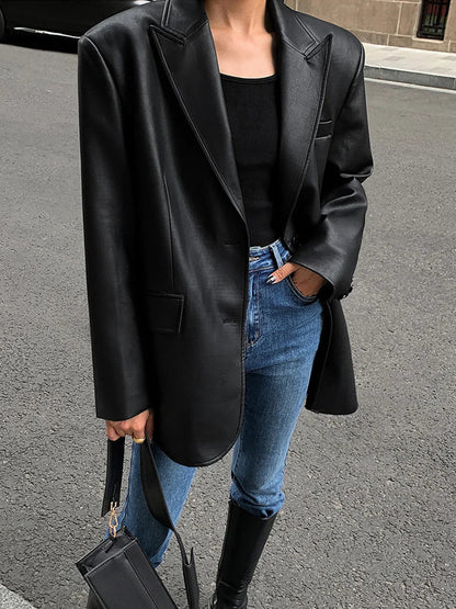 Sela Women's Oversized Blazer | Faux Leather, Relaxed Fit 2