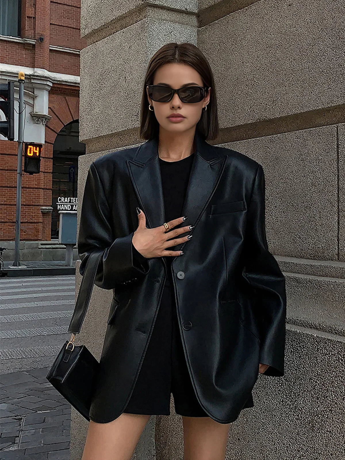 Sela Women's Oversized Blazer | Faux Leather, Relaxed Fit 4
