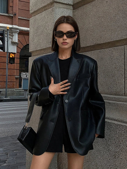 Sela Women's Oversized Blazer | Faux Leather, Relaxed Fit 4
