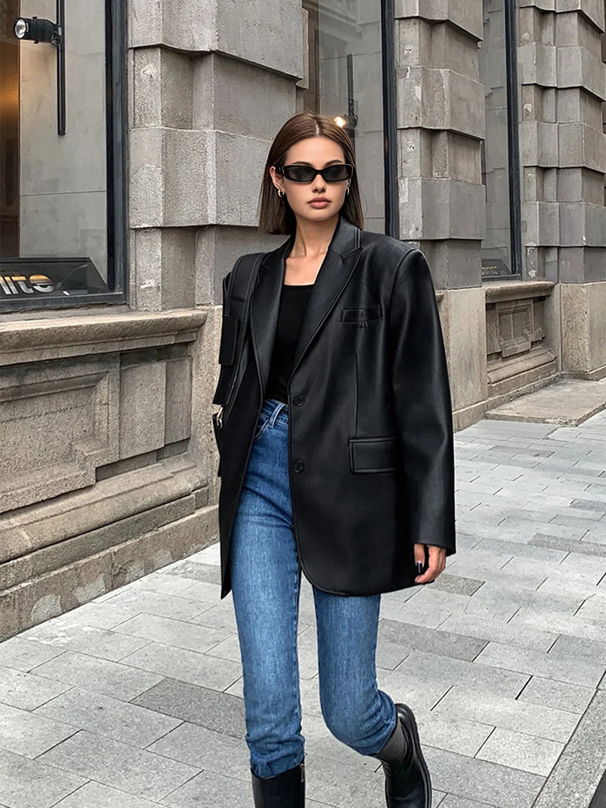 Sela Women's Oversized Blazer | Faux Leather, Relaxed Fit 5