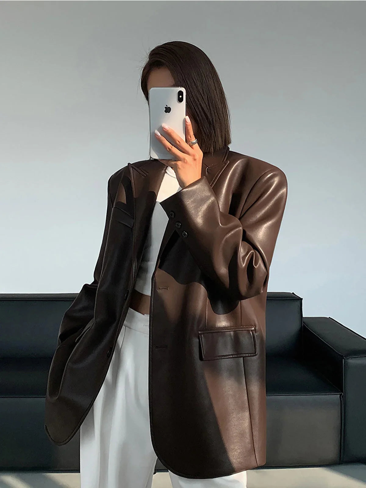 Sela Women's Oversized Blazer | Faux Leather, Relaxed Fit 7