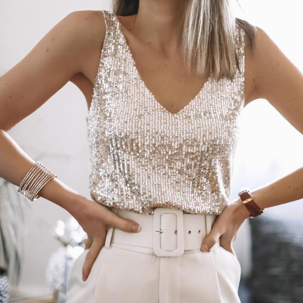 Sera Women's Sequin Top | V-Neck, Glamorous Going Out Style 0