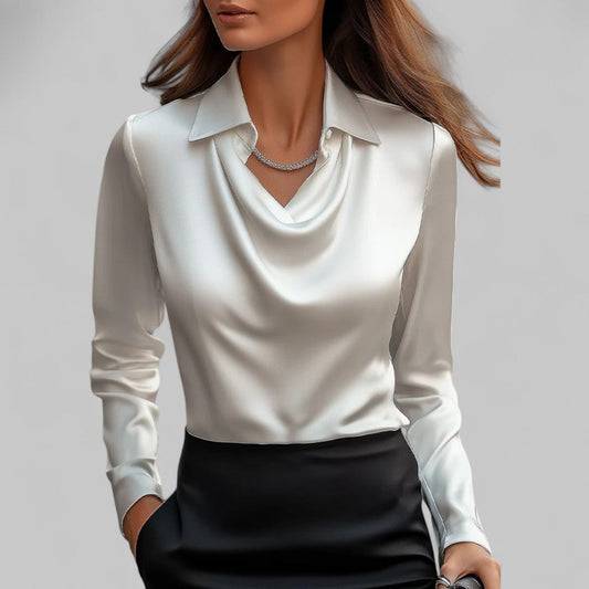 Sienna Women's Blouse | Elegant Long Sleeve Satin, Draped Neckline 0