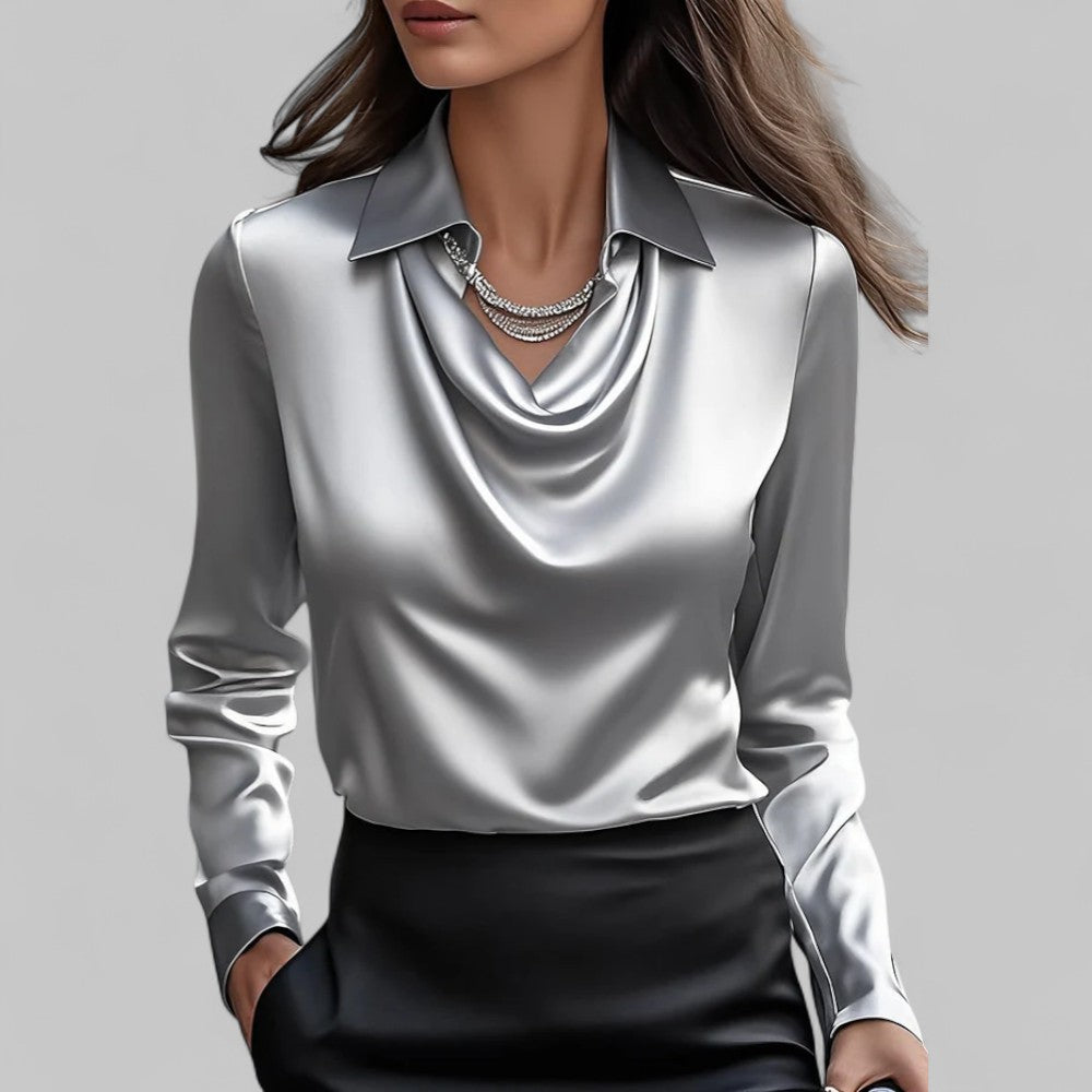 Sienna Women's Blouse | Elegant Long Sleeve Satin, Draped Neckline 1