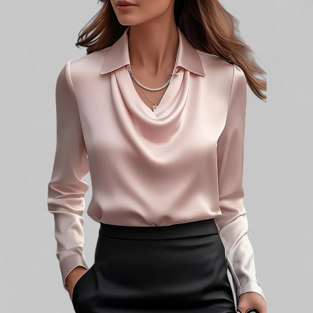 Sienna Women's Blouse | Elegant Long Sleeve Satin, Draped Neckline 2