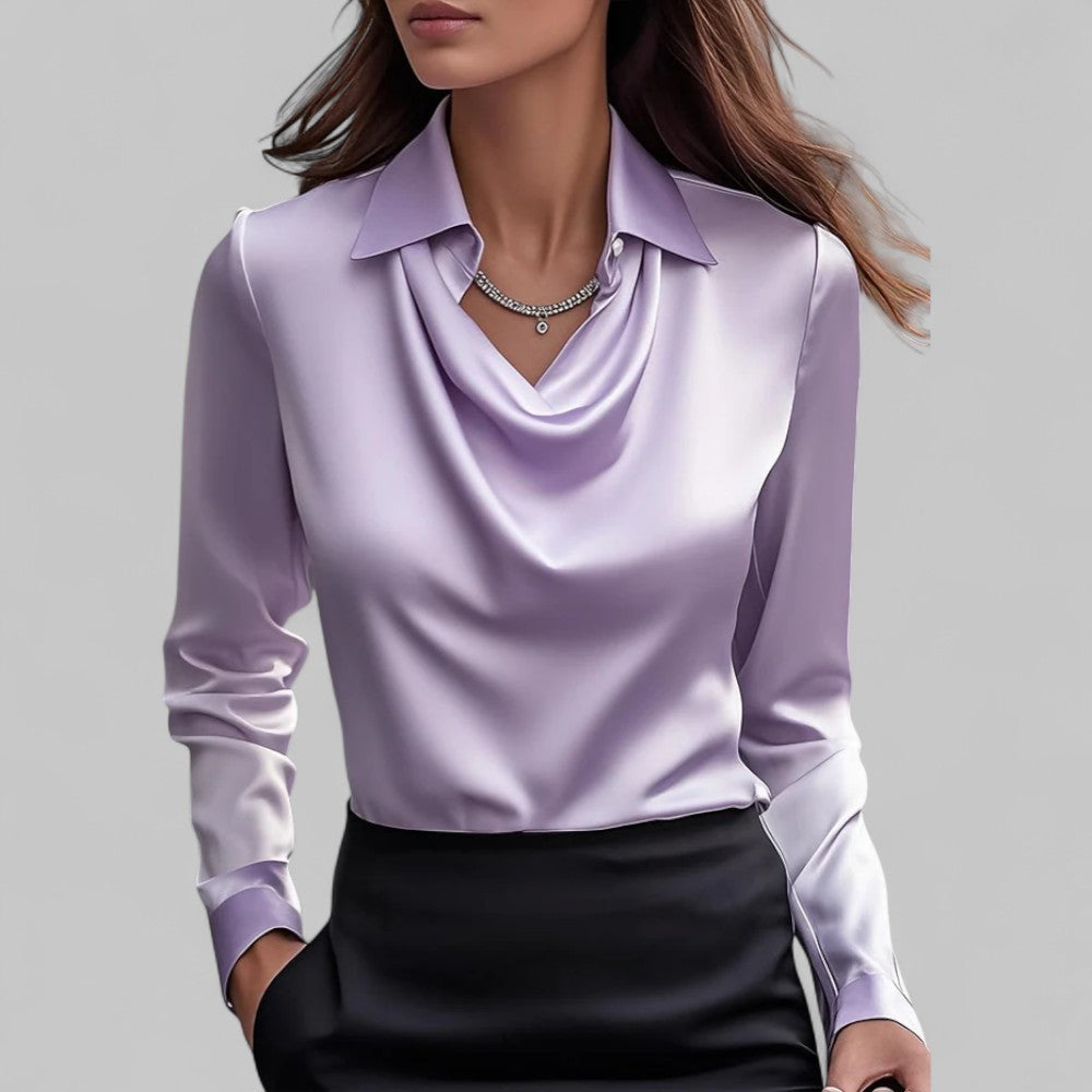 Sienna Women's Blouse | Elegant Long Sleeve Satin, Draped Neckline 3