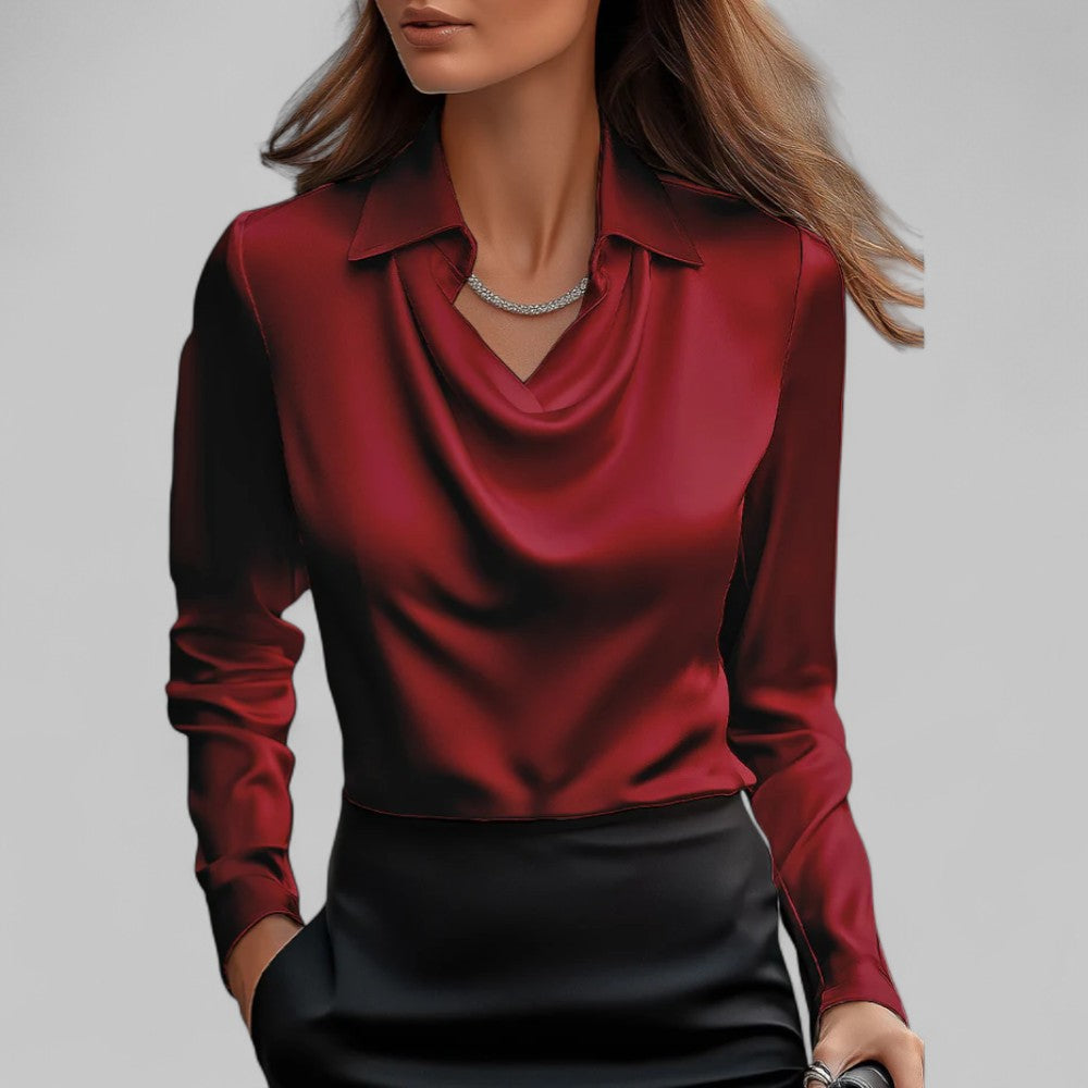 Sienna Women's Blouse | Elegant Long Sleeve Satin, Draped Neckline 4