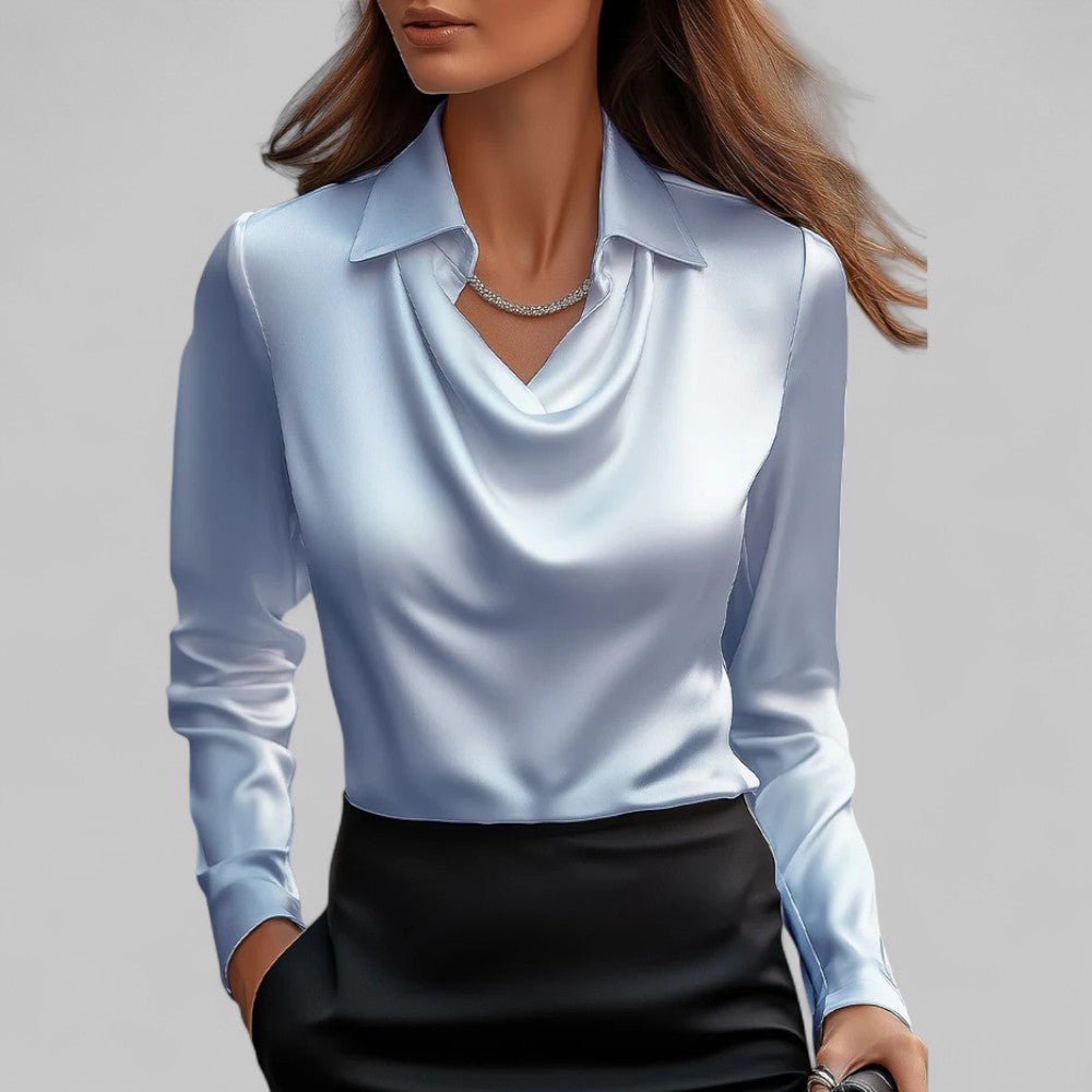 Sienna Women's Blouse | Elegant Long Sleeve Satin, Draped Neckline 5
