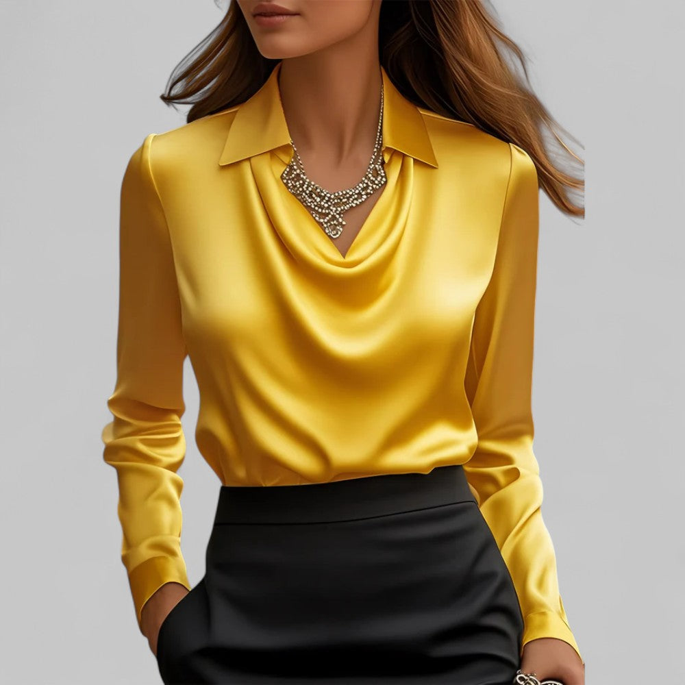 Sienna Women's Blouse | Elegant Long Sleeve Satin, Draped Neckline 6