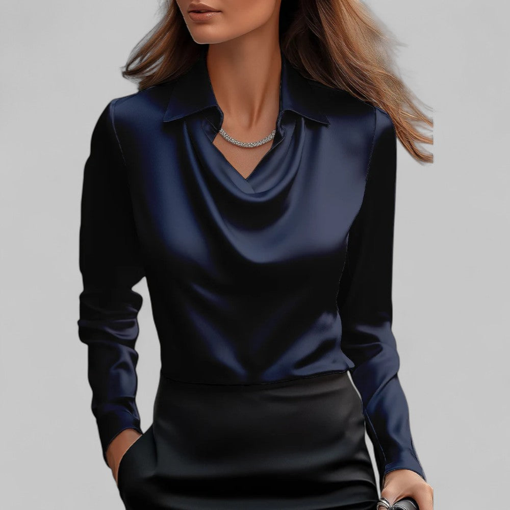 Sienna Women's Blouse | Elegant Long Sleeve Satin, Draped Neckline 7