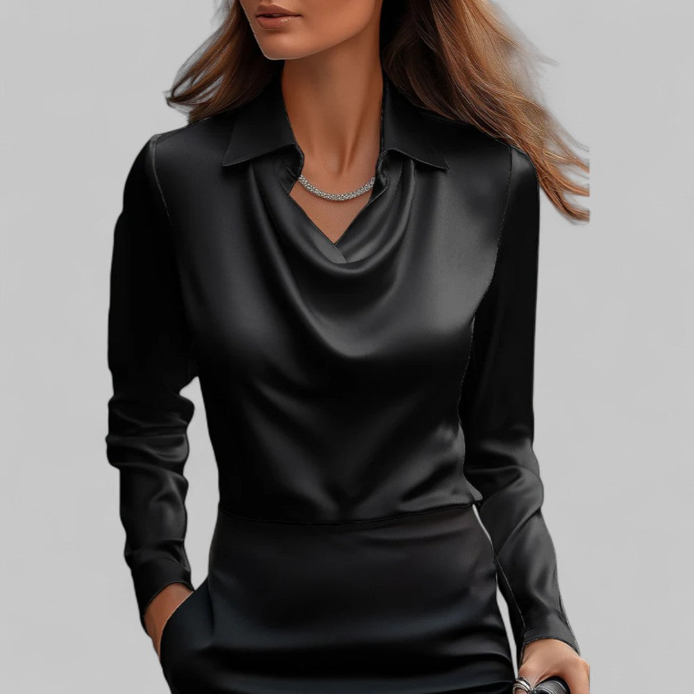 Sienna Women's Blouse | Elegant Long Sleeve Satin, Draped Neckline 8