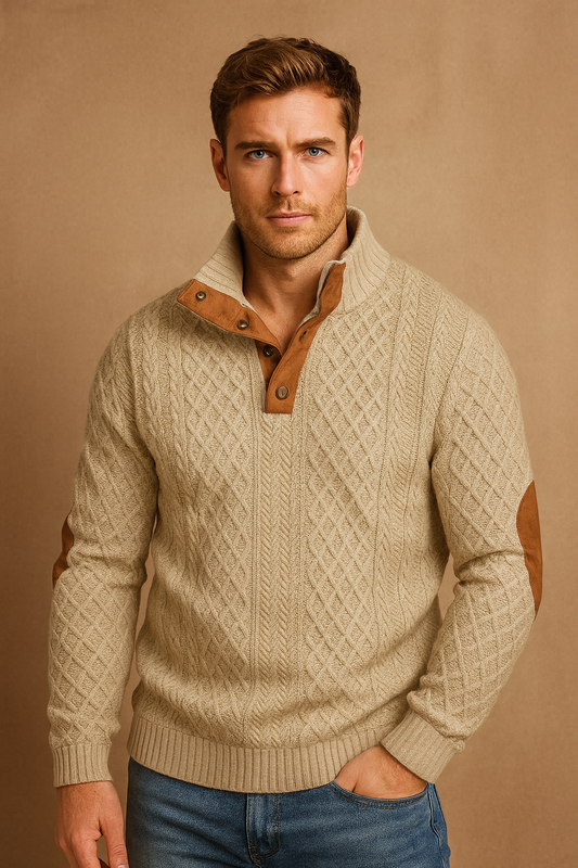 Sleek Men's Jacquard Knit Sweater | Button Collar, Spring-Ready 0