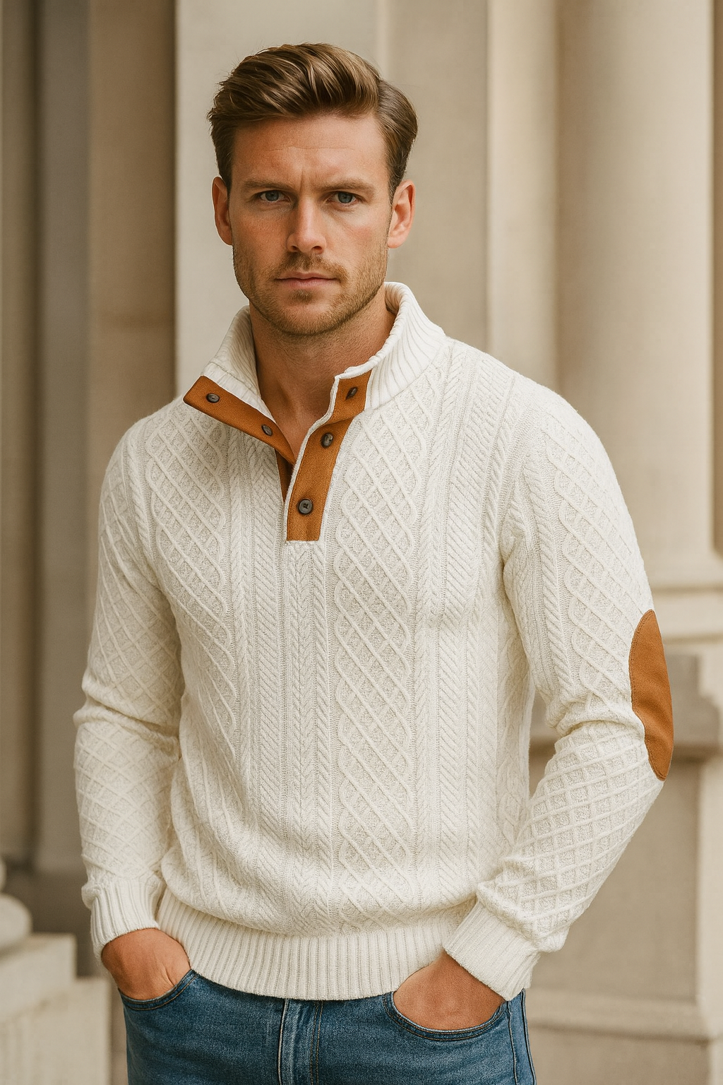 Sleek Men's Jacquard Knit Sweater | Button Collar, Spring-Ready 3