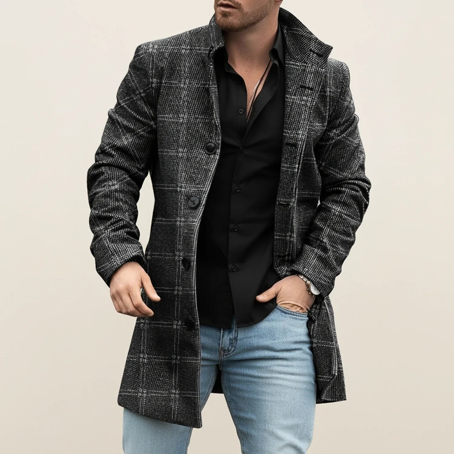 Sleek Men's Overcoat | Patchwork Design, Wool Winter Essential 2