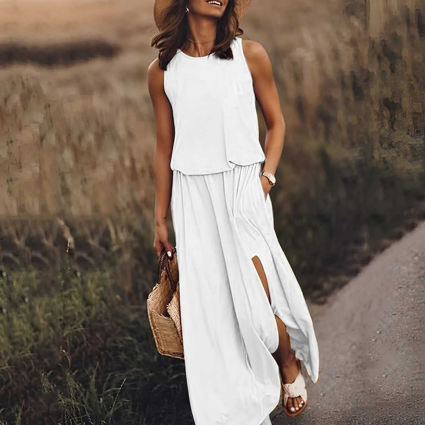 Sleek Women's Maxi Dress | Elegant Sleeveless White Design 3