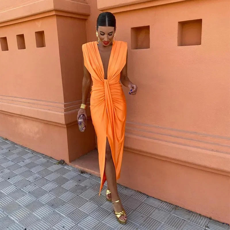 Sophia Women's Midi Dress | Plunging Neckline, Elegant Cocktail Dress 0