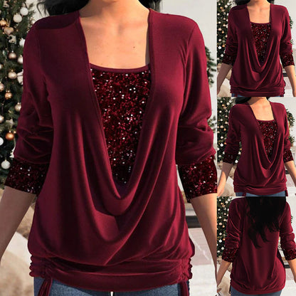 SparkleFlow Women's Blouse | Elegant Sequin Long Sleeve Top, Comfortable Fit 0