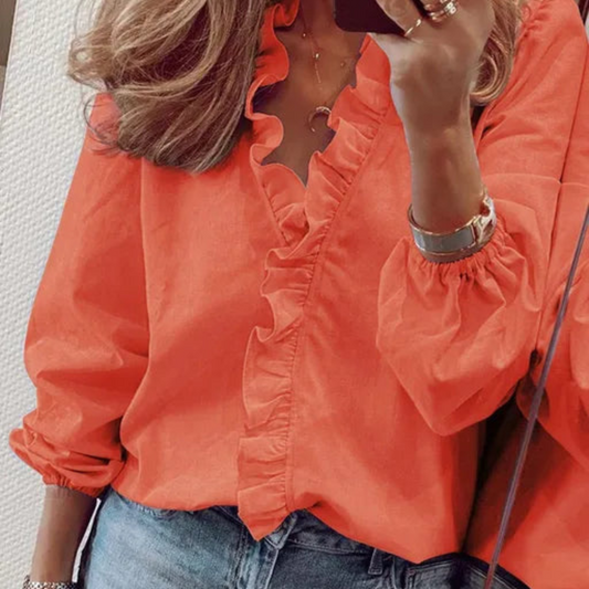 Vera Women's Blouse | Elegant V-Neck with Ruffle Details 1