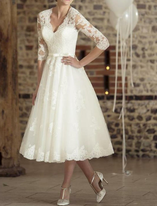 Vera Women's Midi Wedding Dress | Vintage-Inspired, 3/4 Sleeve 0