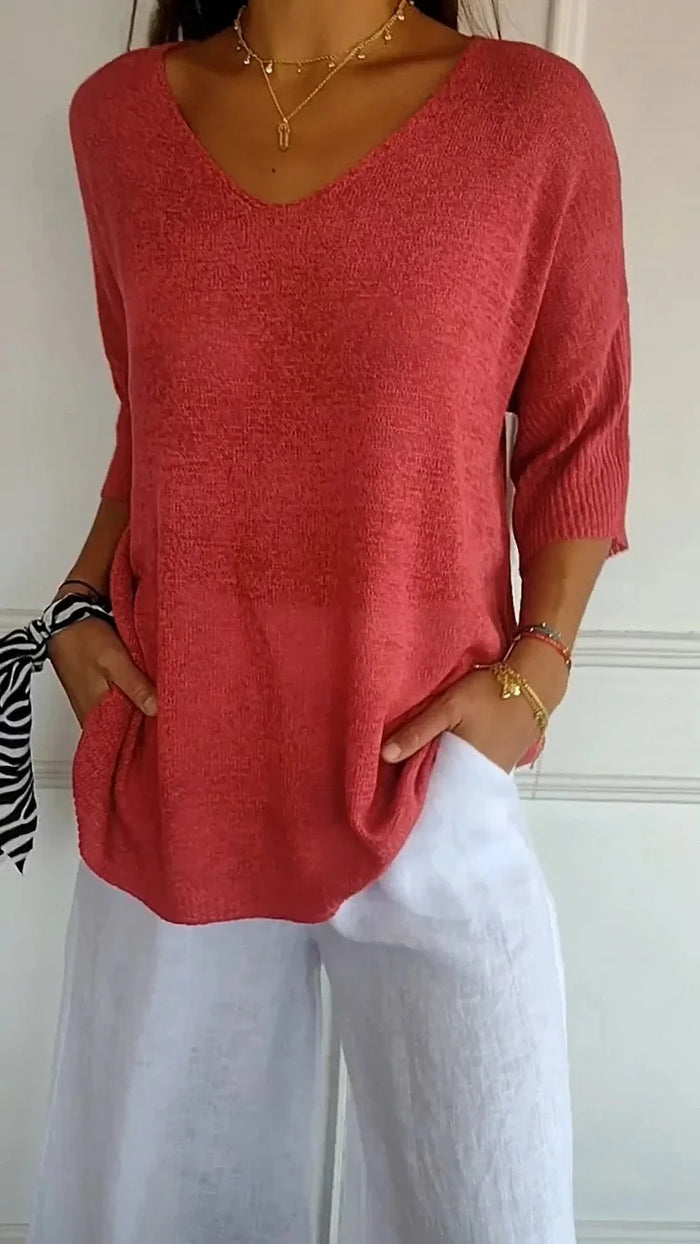Vera Women's Top | V-Neck Knitted, 3/4 Sleeves Blouse 0
