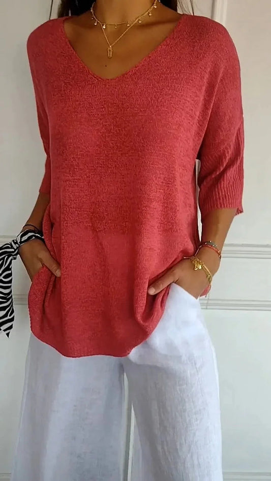 Vera Women's Top | V-Neck Knitted, 3/4 Sleeves Blouse 0