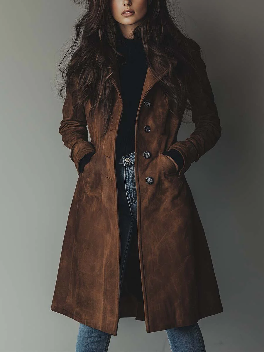 Wren Women's Trench Coat | Faux Suede Longline with Side Pockets 0