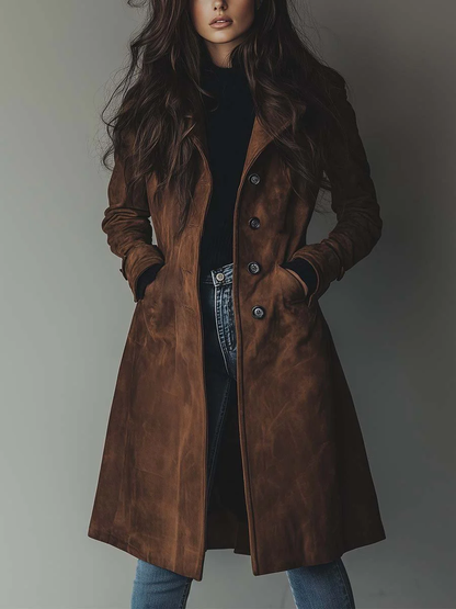 Wren Women's Trench Coat | Faux Suede Longline with Side Pockets 0