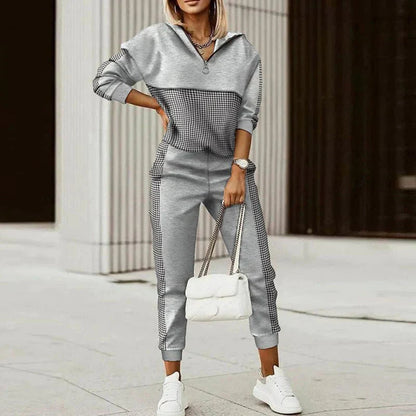Women's grey houndstooth half-zip tracksuit set, street style
