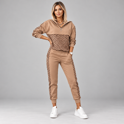 Women's half-zip tracksuit set in brown camel with patterned panel and jogger pants, front view
