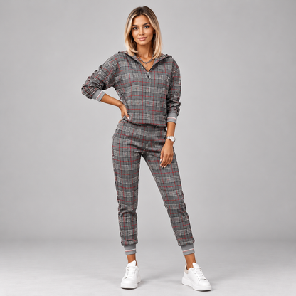 Women's half-zip tracksuit set in dark grey glen check plaid, front view